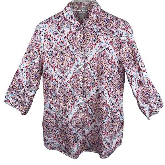 Chicos Linen 3/4 Sleeve No Iron Button Down Shirt Tunic Size 0 (4/6) S Paisley - Picture 1 of 5